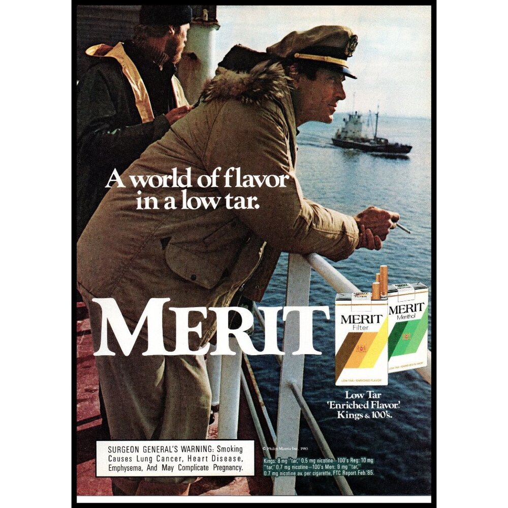 1985 Merit Cigarettes Vintage Print Ad Ship Captain at Sea Nautical Wall Art
